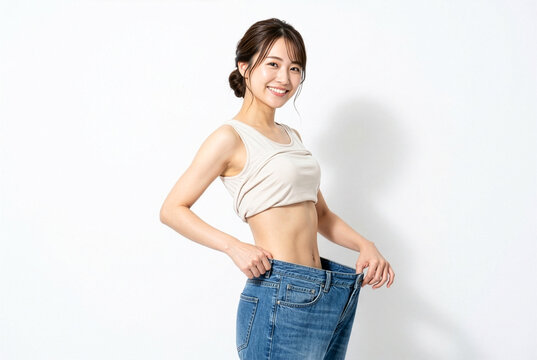 ダイエットに成功し大きなジーンズを持って笑う日本人女性｜減量・痩身・ボディメイクのイメージ