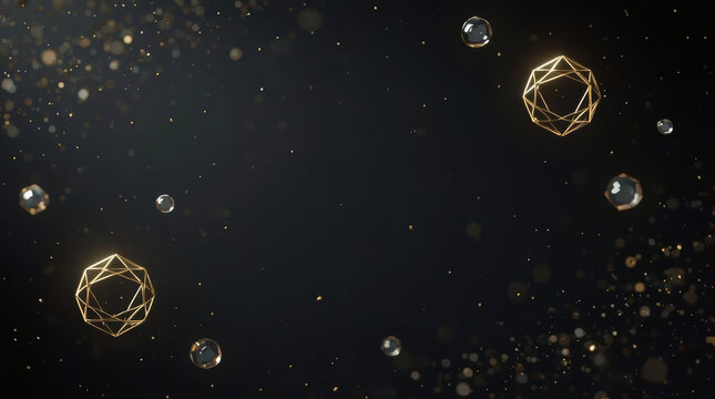 Luxury crystal geometric sphere on dark background with floating golden particles
