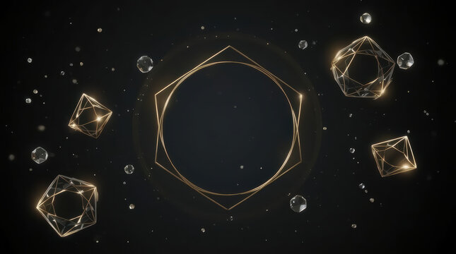 Geometric crystal spheres floating in dark space with glowing golden wireframes