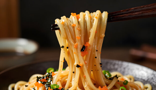 extreme close-up of chopsticks lifting a glossy bundle of thin Japanese noodles coated in creamy tarako sauce, strands dripping slightly, bright orange tarako specks, nori flakes and scallions