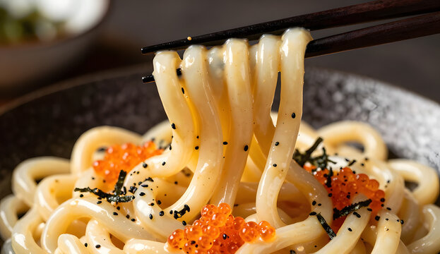 extreme close-up of chopsticks lifting silky udon noodles heavily coated with creamy mentaiko sauce, strands stretching toward the camera, visible cod roe granules, nori flakes and sesame seeds