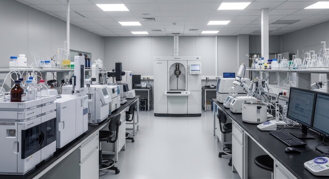 A brightly lit laboratory showcases advanced analytical equipment. Several scientists work at multiple workstations, utilizing sophisticated chromatography instruments and computer systems.
