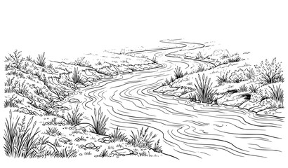 Fototapeta premium Black and White River with Grassy Banks Flowing Water Landscape Vector Illustration