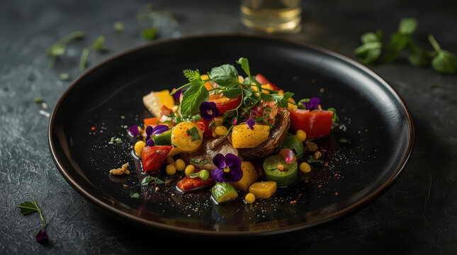 Luxury vegan platter with roasted vegetable and edible flower garnish