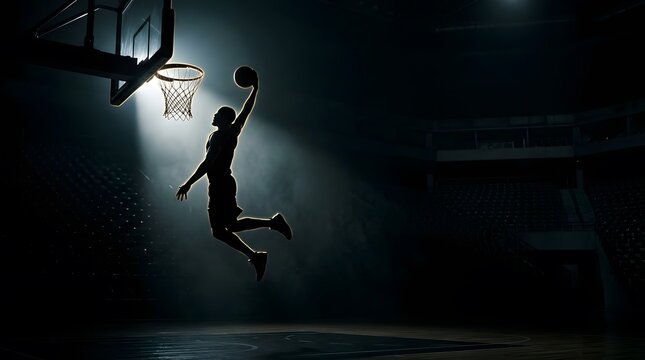 Silhouette of a basketball player soaring through the air to make a powerful slam dunk in a dark arena