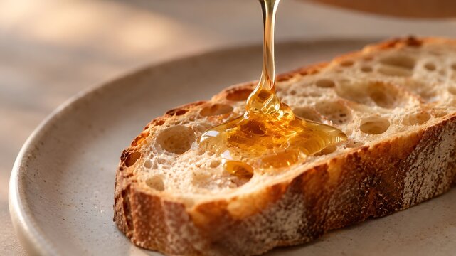 A close-up shot of golden honey being drizzled onto a slice of rustic sourdough bread.