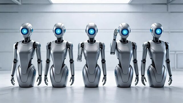 Five humanoid robots in a row