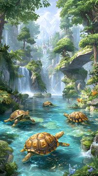 Kawaii Fantasy Animal Kingdom Fantasy Turtles in Enchanted Waterfall Landscape Magical Storybook Wildlife World Dreamy Enchanted Animal Landscape