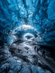People exploring a vast blue ice cave with a winding path inside.