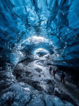 People exploring a vast blue ice cave with a winding path inside.