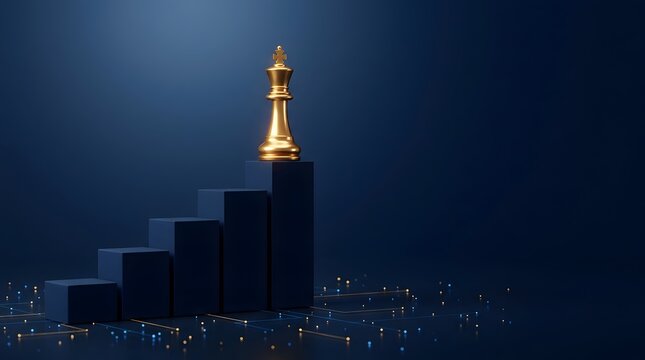 Golden chess king on dark blue bar chart pedestal