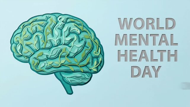 Green leaves growing inside paper cut brain on blue background, representing mental health and growth