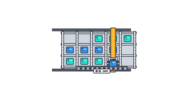 A flat vector illustration of an automated industrial robotic arm on a production line processing boxes in a warehouse manufacturing facility