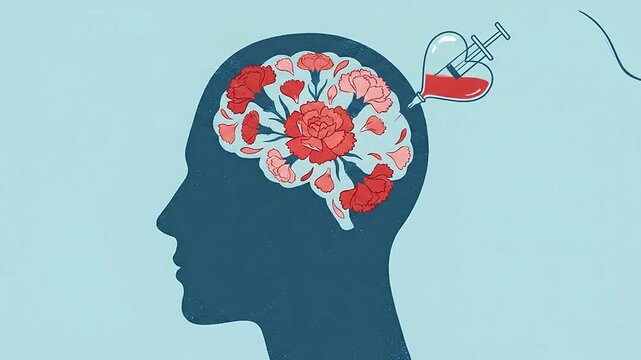 Human head profile with brain made of blooming flowers receiving drip