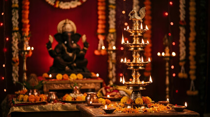 Fototapeta premium Brass diya oil lamp glowing during a traditional Hindu festival celebration in a temple