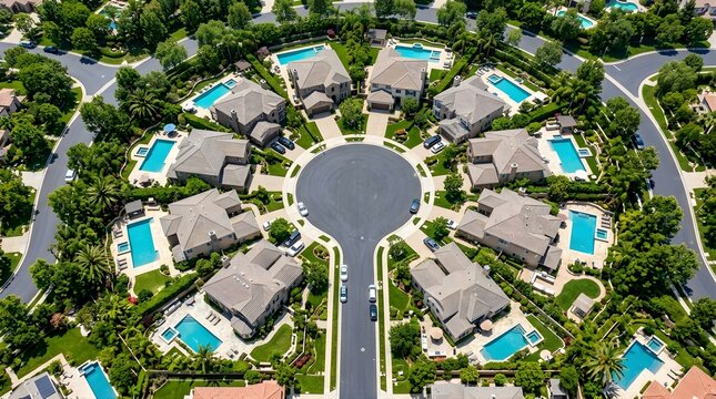 Aerial view of a suburban cul-de-sac with houses and blue pools