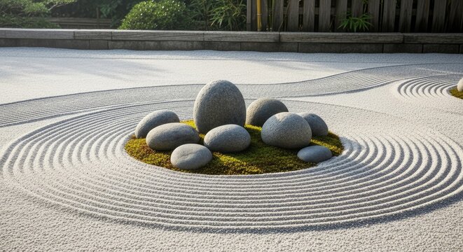 A serene Zen garden features a circular sand bed with concentric ripples. Several smooth, gray stones are arranged in a central mound, surrounded by a patch of vibrant green moss.