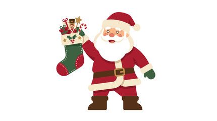 Fototapeta premium Santa Claus holding a Christmas stocking filled with toys and candy cane illustration