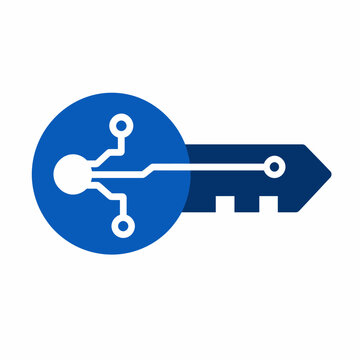 Digital Security Key Icon Featuring Circuitry Patterns for Cybersecurity and Data Access Protection Conceptual Graphic Design