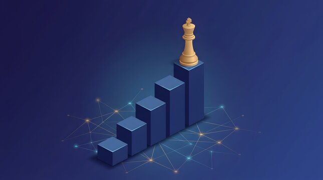 Gold chess king on top of blue bar graph symbolizing success