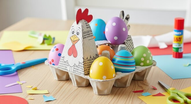 A colorful egg carton with a chicken design, filled with Easter eggs, on a table with crafting materials.