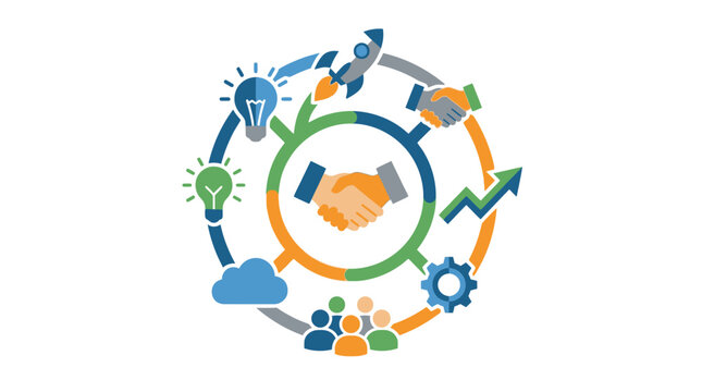 Business Startup Development Workflow Infographic with Growth Strategy Icons and Collaborative Team Partnership Elements in Vector Format