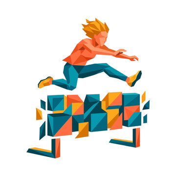 Geometric runner jumping over hurdle, low poly style