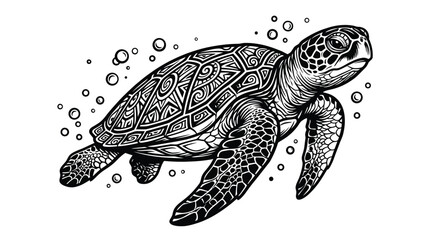 Obraz premium Stylized sea turtle vector illustration featuring intricate tribal patterns with black and white ink lines on a clean, isolated background