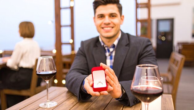 Man Proposing Marriage Holding Engagement Ring Box at Romantic Restaurant Dinner