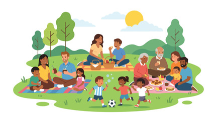 Naklejka premium Diverse multi-generational family and friends enjoying a sunny picnic in a park with children playing football and blowing bubbles, celebrating togetherness and cultural diversity