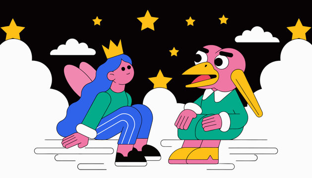 cartoon fairy and bird talking on clouds with stars