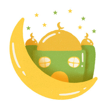 Illustration of a mosque and the moon in green and yellow tones, for stickers celebrating major Islamic holidays.