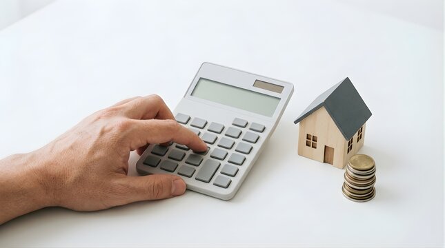 Hand using calculator to estimate mortgage costs with model house