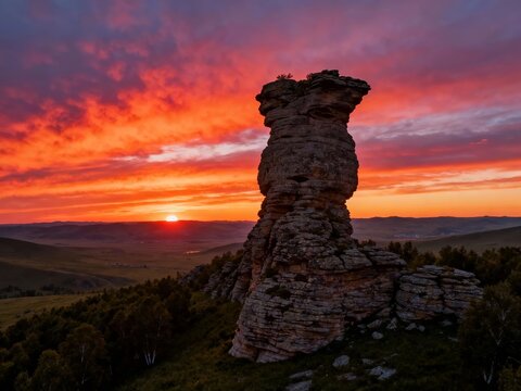 A striking rock formation silhouetted against a vibrant sunset sky over a rolling landscape