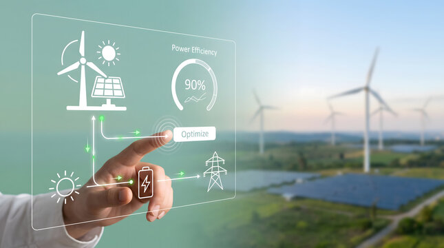 Renewable energy monitoring interface showing smart power efficiency optimization with wind turbine, solar panel, battery storage, and digital energy flow visualization