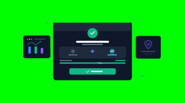Cybersecurity dashboard animation on green screen, digital data protection interface, secure software analytics UI with checkmark icons