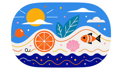 Naklejka premium cartoon ocean scene with fish, orange, shell and sea waves