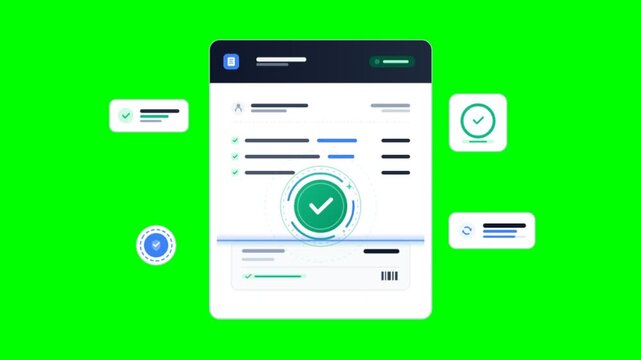 Digital invoice animation with green checkmark, electronic billing document on green screen, payment confirmation interface