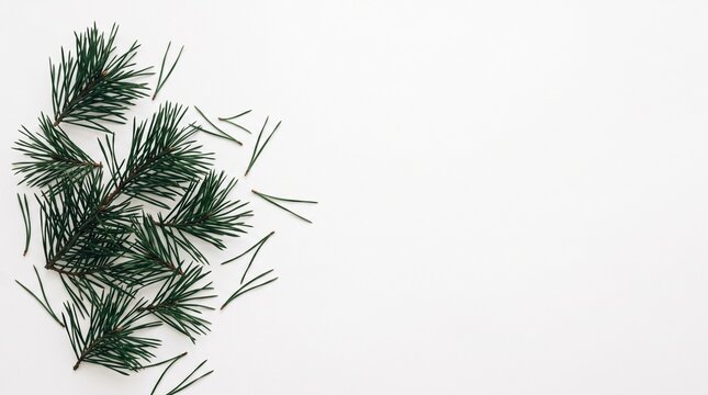 Pine Needles Scattered: A minimalistic composition of fresh pine needles scattered across a clean white surface, evoking a sense of winter and the holiday season.