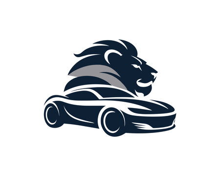 Lion car logo design, modern automotive emblem featuring a stylized lion head integrated with a sleek sports car