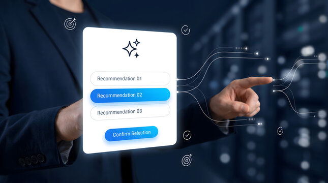 AI recommendation engine interface concept showing personalized suggestions, intelligent selection, and decision support technology