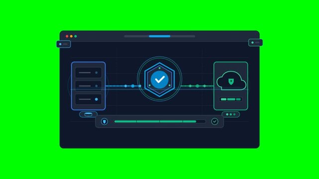 Cybersecurity dashboard animation on green screen, cloud data protection interface, digital network security concept video