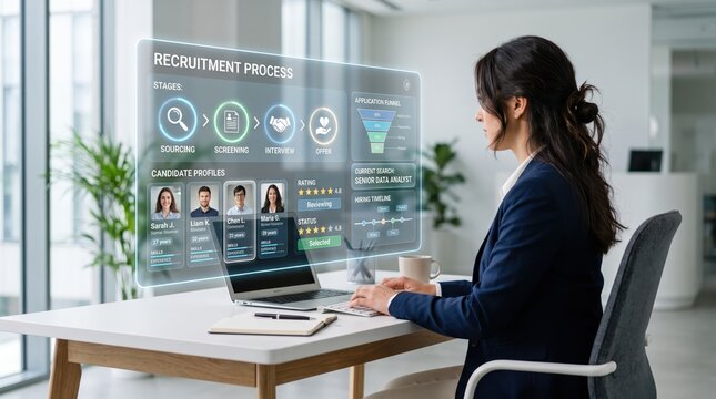 Female HR manager reviewing recruitment process on futuristic holographic dashboard, candidate profiles and application funnel visualization, sourcing screening interview stages