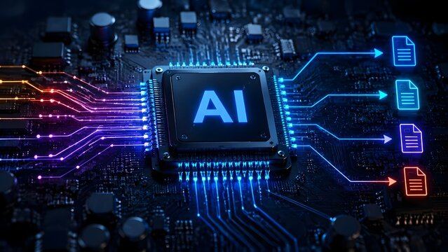 Artificial intelligence processor chip sorting digital document files through high tech motherboard circuit traces