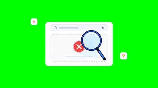 Search engine error animation on green screen, magnifying glass inspecting web browser, 404 page not found concept
