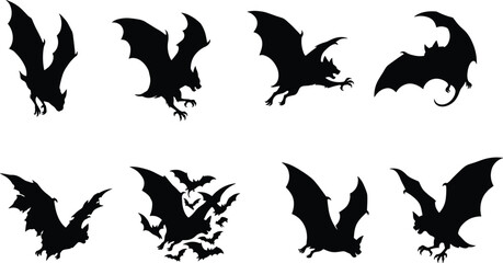 Fototapeta premium Collection of Eight Flying Bat Silhouette Vector Designs for Halloween and Spooky Themes