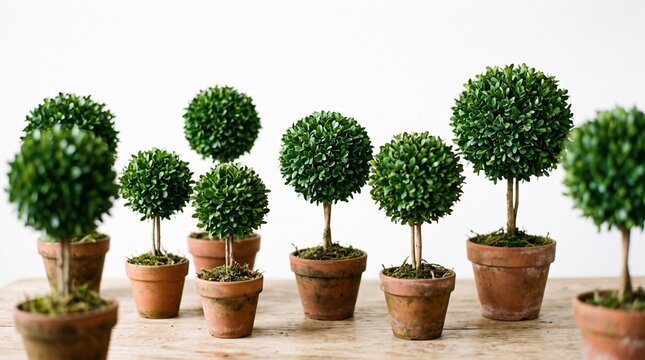 Topiary Trees in Terracotta Pots: A collection of meticulously shaped topiary trees in rustic terracotta pots, arranged on a wooden surface, adding a touch of classic elegance to any space.