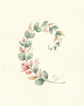 Elegant Watercolor Botanical Swirl Featuring Soft Eucalyptus Leaves and Delicate Pink Floral Accents on a Minimalist Neutral Background