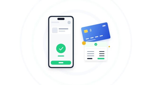 A high-quality 3D digital illustration depicting secure mobile payment processing with a smartphone, credit card, and digital receipt transaction confirmation