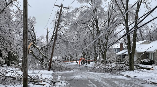 Ice Storm Damage Power Lines Downed Trees Blocking Roadway.